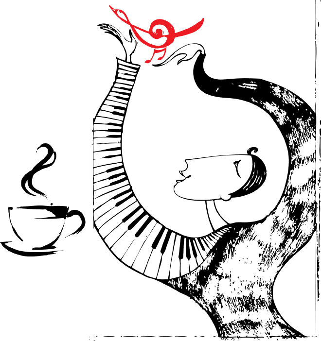 a figure raising hands, and one hand is like piano keys